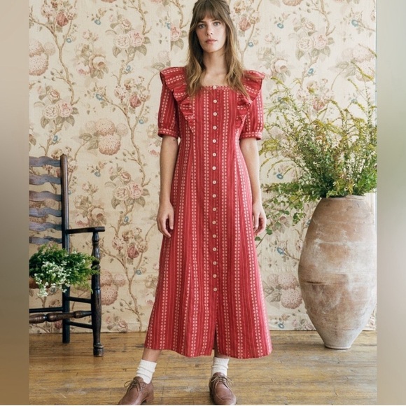 Christy Dawn Dresses & Skirts - Christy Dawn The Darcy Dress Size XS in Hibiscus Zinnia Stripe Red Ruffle Cotton